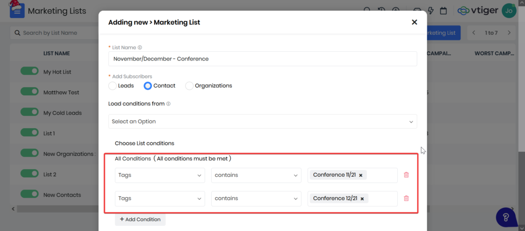 Tags MArketing List Conditions